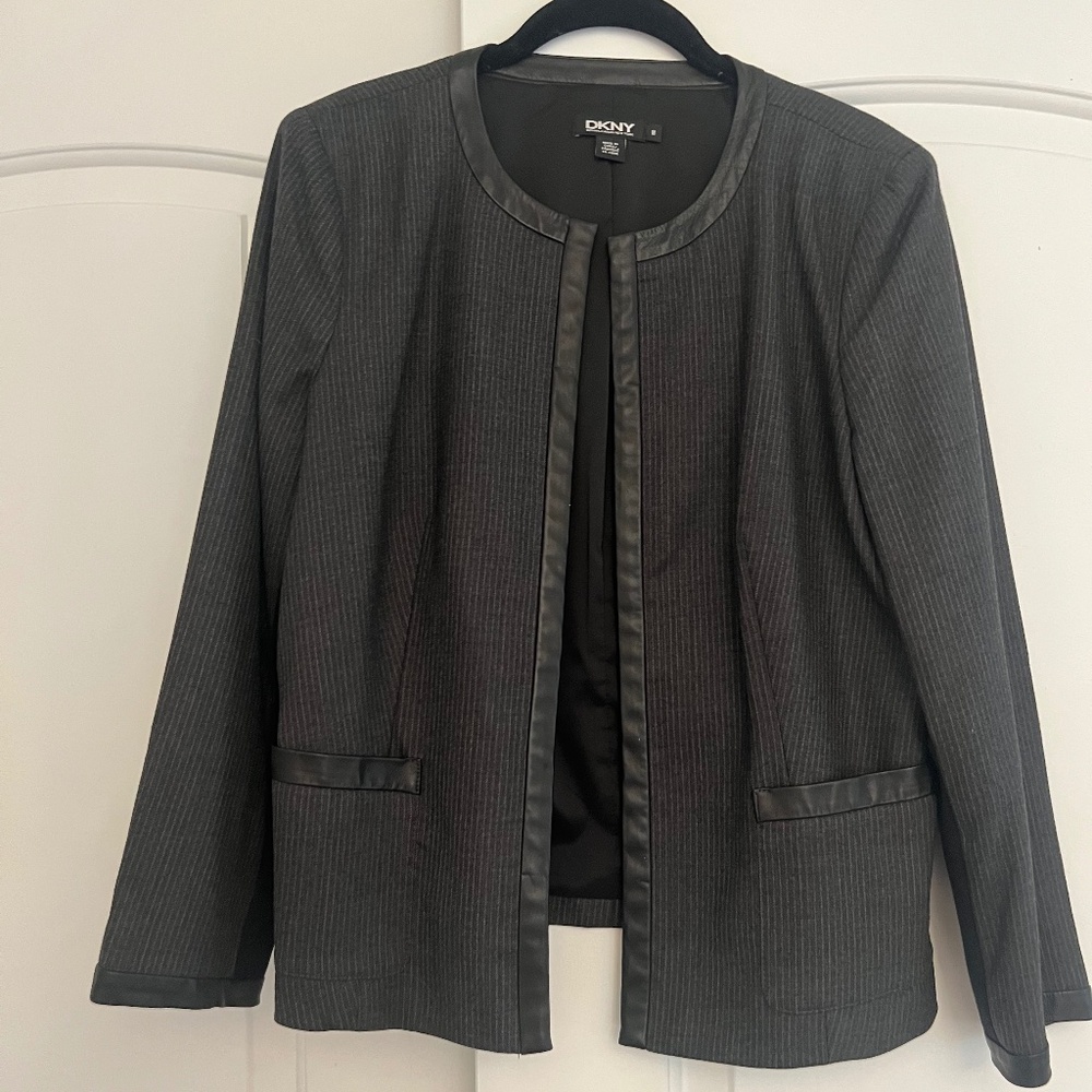 DKNY Wool and Leather Jacket Size M Grey Pinstripe with Black leather
